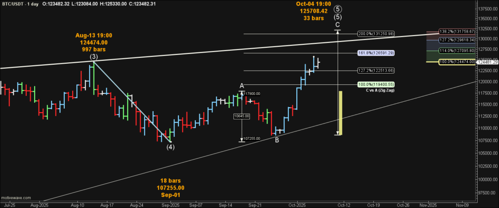 Shows Elliott Wave daily Chart with Elliott wave labeling.   It also show Fibonacci retracment levels at Intermediate and Primary degrees. 