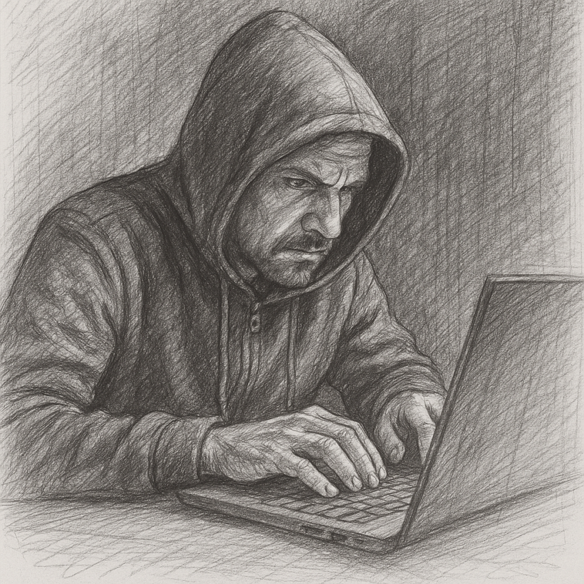 Estafas con criptomonedas – ilustración de ciberdelincuente robando claves privadas y fondos digitales