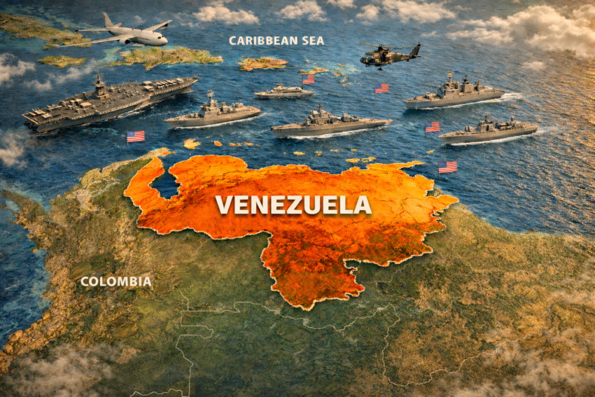 Map of Venezuela and the Caribbean Sea showing U.S. naval ships positioned in surrounding waters, illustrating maritime enforcement of sanctions while South America remains clearly visible.