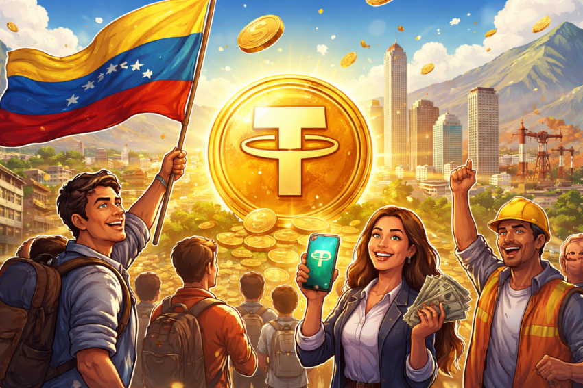 Ilustración positiva de ciudadanos venezolanos usando USDT como herramienta financiera junto a símbolos de reconstrucción económica.
